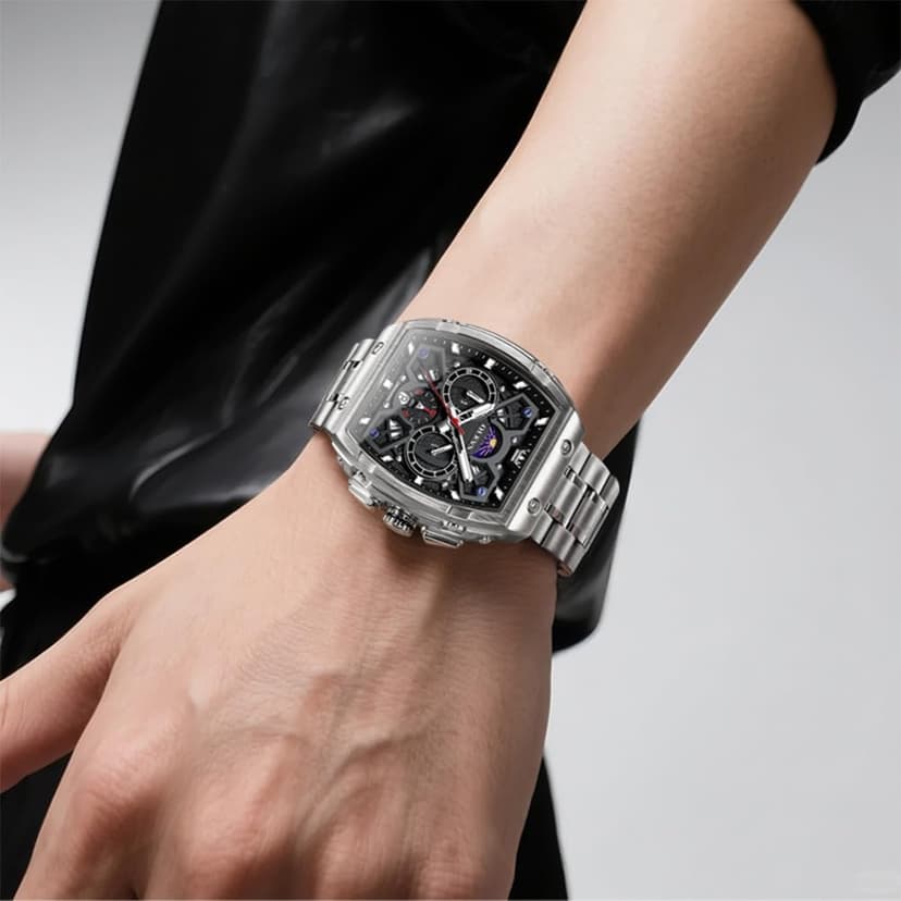 OLEVS Watches for Men Analog Quartz Luxury Diamond Waterproof Chronograph Stainless Steel Big Face Square Date Moon Phase Roman Numeral Dress Watch for Men