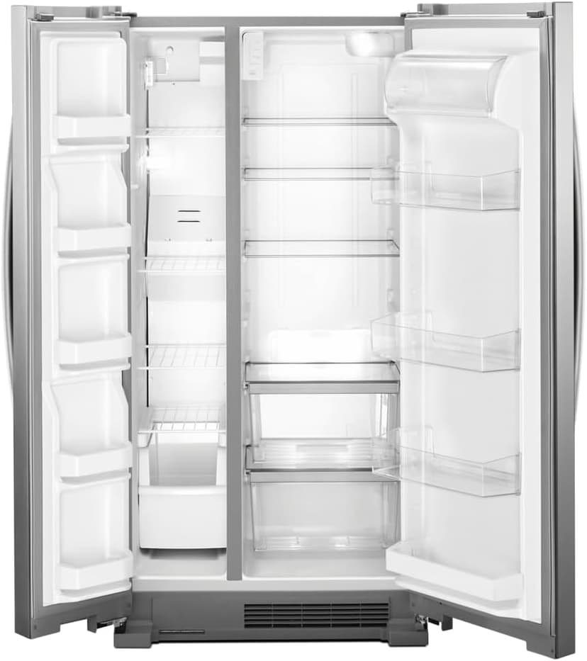 Whirlpool 33 Inch Freestanding Side by Side Refrigerator with 21.72 Cu. Ft. Total Capacity, Adjustable Gallon Door Bins, LED Interior Lighting, Hidden Hinges, Frameless Glass Shelves, Stainless Steel