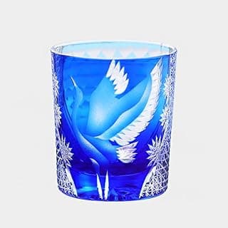 JNZHI Edo Kiriko Sunkazuru Whiskey Glass – Hand-Cut Pine and Crane Design Crystal Rock Glass for Scotch, Bourbon, Cocktails – Japanese Traditional Art Crafted Barware, Gift for Holidays (blue)