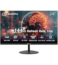 ArcticPro 24inch Computer Monitor, FHD 1080p, 144Hz Office and Gaming Monitor, IPS, Adaptive Sync, 110% sRGB, 1ms, 3-Sided Frameless, Ultra Slim, VESA Mountable, Anti-Blue Light Design, HDMI, DP