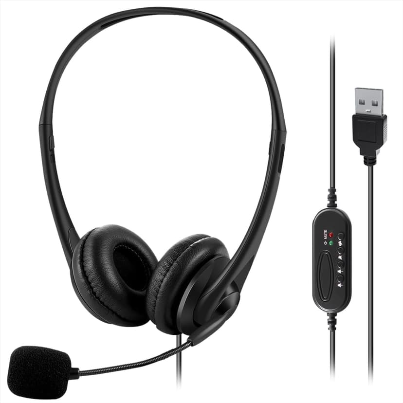 321Wasay Computer USB Headset with Mic, Wired Headphones with Microphone for PC, Laptop (Black Slender)