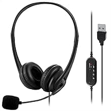 321Wasay Computer USB Headset with Mic, Wired Headphones with Microphone for PC, Laptop (Black Slender)