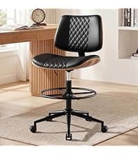 Home Office Chair No Arms with Wheels, Adjustable Height Small Desk Chair, PU Leather Mid Back 360 Swivel Computer Chair, Armless Modern Walnut Chair for Office, Reading Meeting Room(Black)