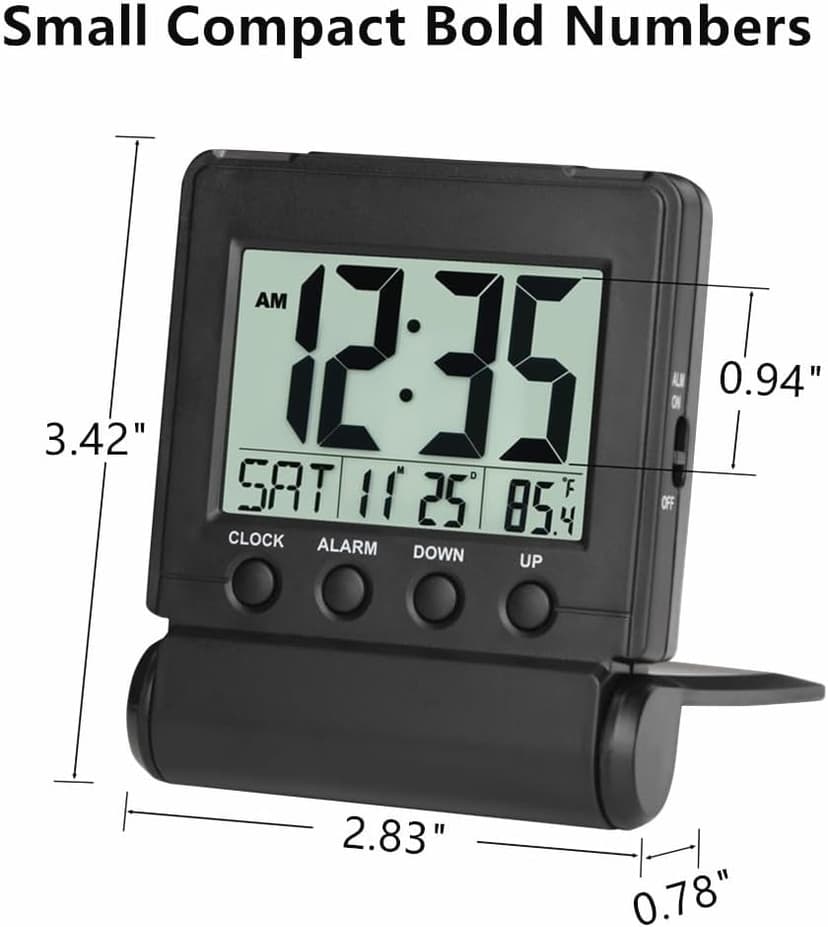 FAMICOZY Small Folding Digital Travel Alarm Clock with Day/Month/Date/Indoor Temperature,Easy to Read and Set,High/Low Alarm Volume,9 Min Snooze,Backlight on Demand,Bedside Calendar Alarm Clock,Black