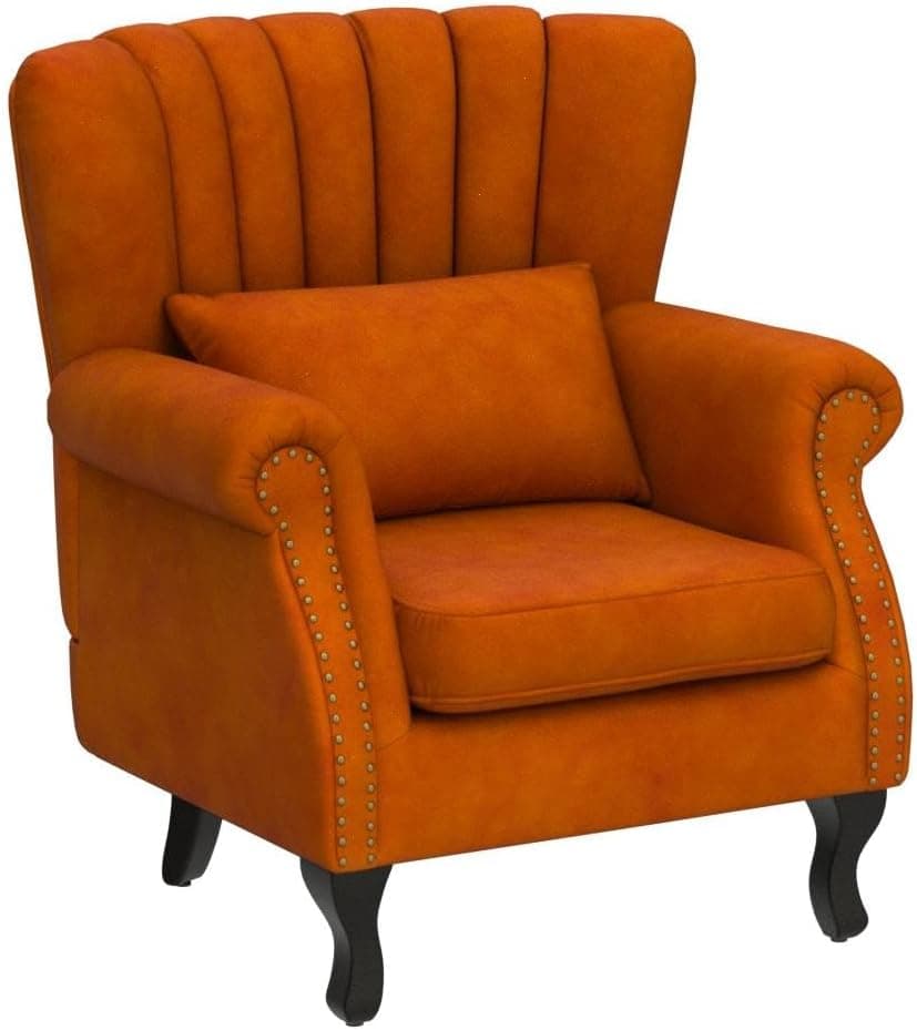 Kmax Orange Accent Chair Velvet Wingback Chair with Pillow Nail-Head Channel Tufted Oversized Club Chair for Living Room Bedroom Guest Room