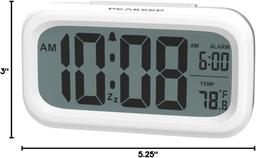 Peakeep Night Light Digital Alarm Clock Battery Operated with Indoor Temperature, Desk Small Clock (White)