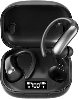 CuiSuto Ear Buds Wireless Earbuds Bluetooth Headphones with 60H Playtime LED Display Case, Over-Ear Hook with Mic, Stereo Sound, Easy Button Controls, Sports Earphones for Running Workout Gym Black