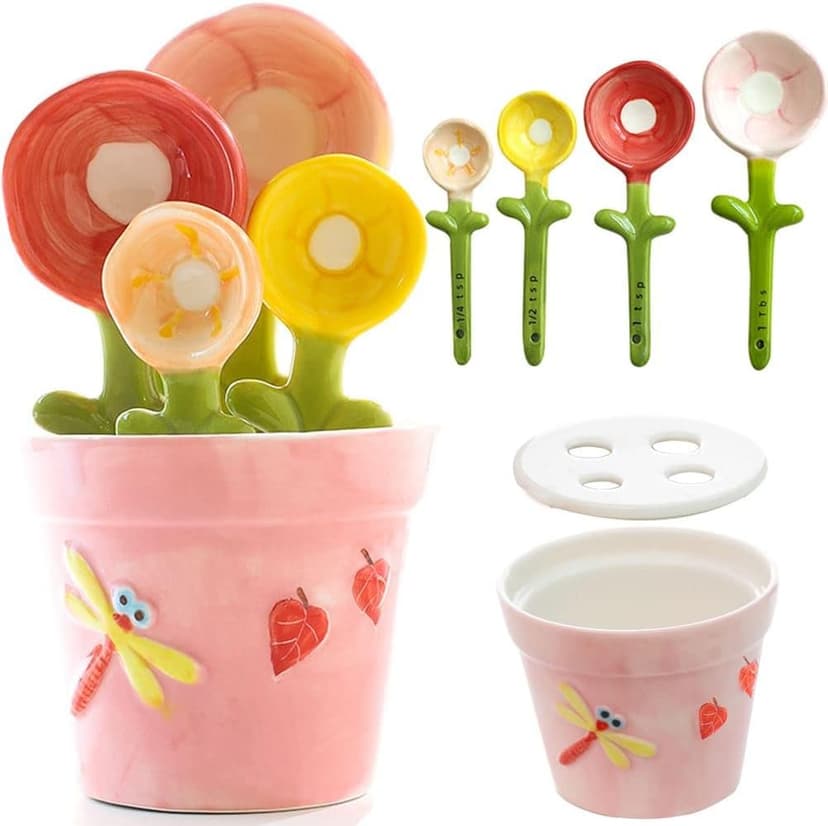 Flower Measuring Spoons Set in Pot Unique Baking Gifts Ceramic Cute Measuring Cups and Spoons with Holder for Dry Wet Ingredients Dishwasher Safe Pink B0BTX9KGZQ