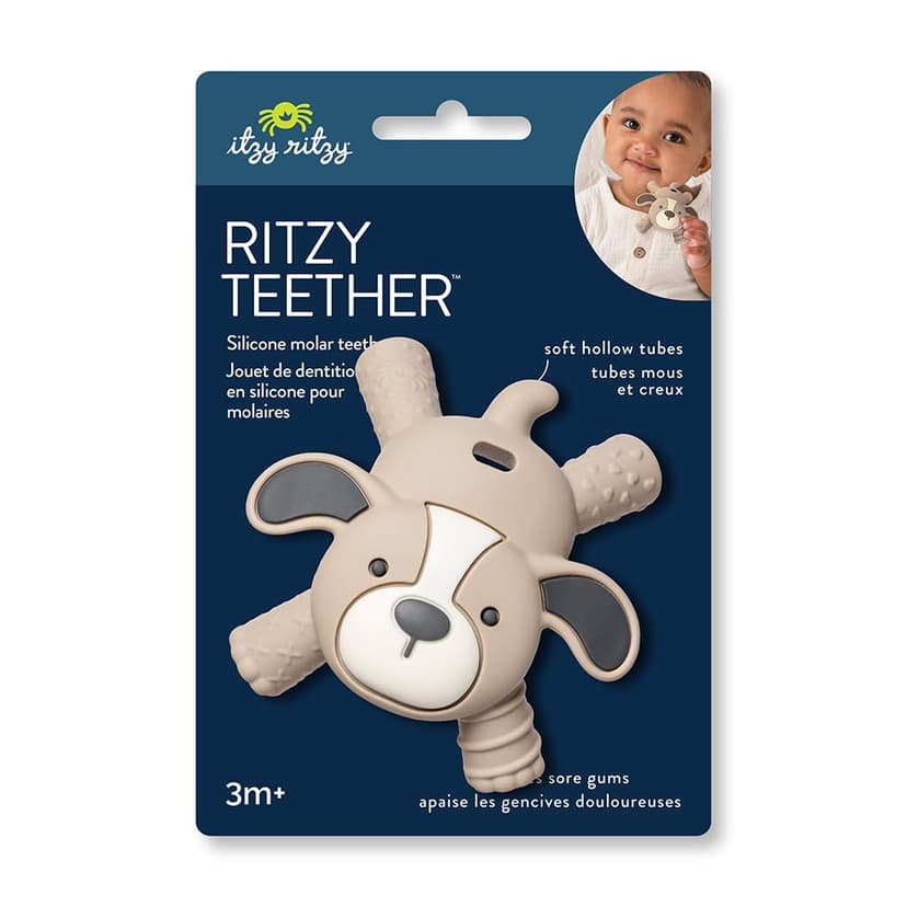 Itzy Ritzy - Ritzy Teether for Molars - Massages Sore Gums & Reaches Back Molars - Silicone Baby Teething Toy with Multiple Textures & Flexible Design - Teething Relief for 3 Months & Up (Puppy)