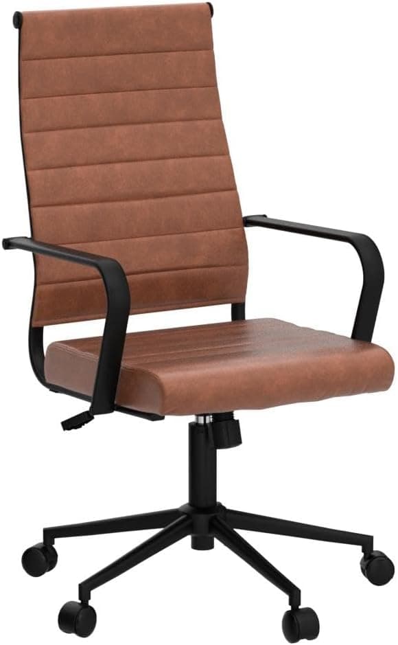 Okeysen Leather Office Desk Chair, Mid-Century Modern Leather Conference Room Chairs, Ergonomic Executive Ribbed Height Adjustable Swivel Rolling Chair for Home Office.