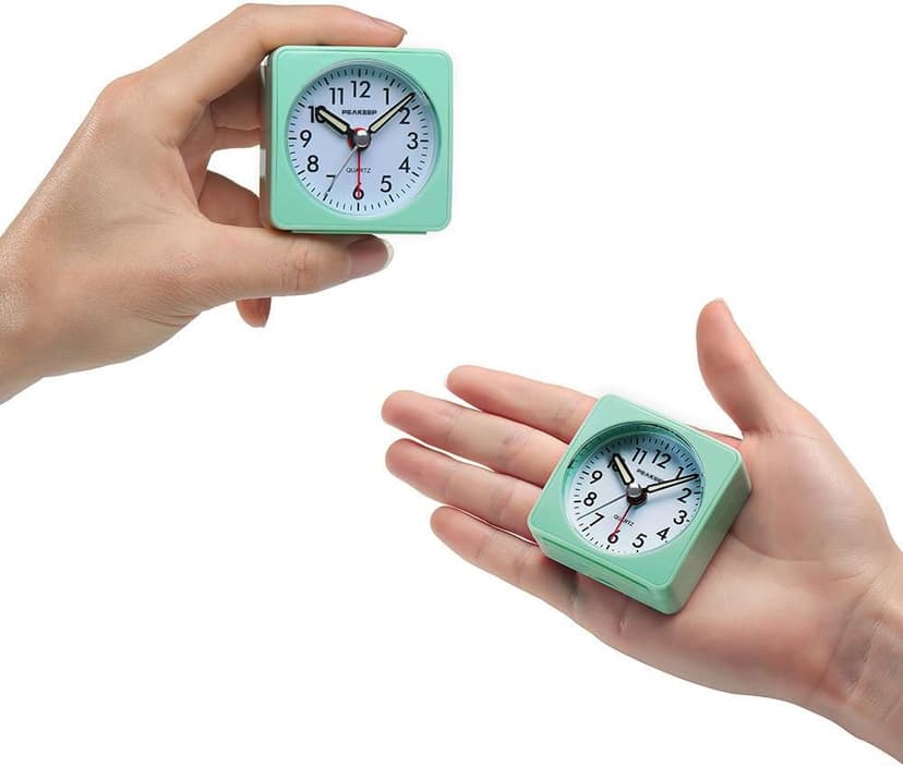 Peakeep Ultra Small, Battery Travel Alarm Clock with Snooze and Light, Silent with No Ticking Analog Quartz (Aquamarine)
