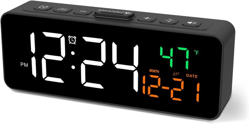 Netzu 3-in-1 Digital Clocks for Living Room with Temperature, Date & Time Display - 4 Levels Birghtness, 3 Volumes, Small & Compact Plug-in Alarm Clock for Bedroom, Office (Black)