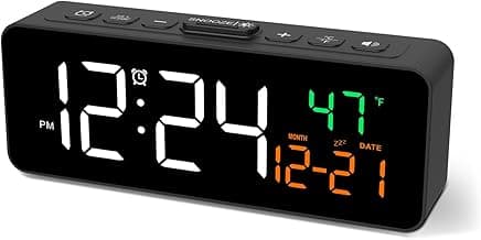Netzu 3-in-1 Digital Clocks for Living Room with Temperature, Date & Time Display - 4 Levels Birghtness, 3 Volumes, Small & Compact Plug-in Alarm Clock for Bedroom, Office (Black)