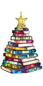 Book Lovers Gifts for Women, Book Ornament Faux Stained Glass Window Hanging, Bookish Gifts for Teacher, Librarian, Reader, Bookworm, Christmas Stocking Stuffer Tree Decorations (Floral Shelf)