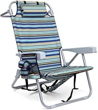 Tall Beach Chairs for Adults, 17" High Backpack Beach Chair with Wooden Armrests, 5 Positions Reclining Heavy Duty Chair with Large Cooler Pouch, Support to 350LBS Striped Blue,1pack