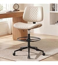 Home Office Chair No Arms with Wheels, Adjustable Height Small Desk Chair, PU Leather Mid Back 360 Swivel Computer Chair, Armless Modern Walnut Chair for Office, Reading Meeting Room(Beige)