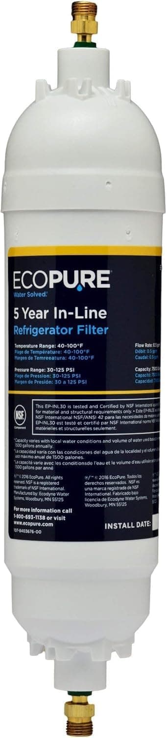 EcoPure EPINL30 5-Year In-Line Refrigerator Water Filter – Universal Fit for Most Fridges, Ice Makers, RVs & Boats – Reduces Chlorine Taste & Odor – Easy DIY Install with 1/4" Fittings