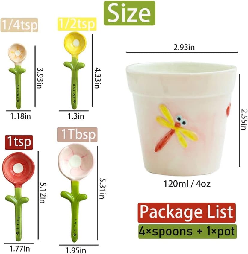 Flower Measuring Spoons Set in Pot Unique Baking Gifts Ceramic Cute Measuring Cups and Spoons with Holder for Dry Wet Ingredients Dishwasher Safe Pink B0BTX9KGZQ
