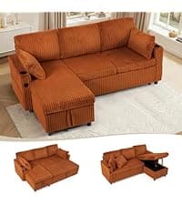 Lesofair 84" L-Shape Pull Out Sofa Bed with Adjustable Backrest, Upholstered Sectional Sleeper Sofa with Storage Chaise, Suede Leather Reversible Couch Bed with USB Port for Living Room, House, Brown