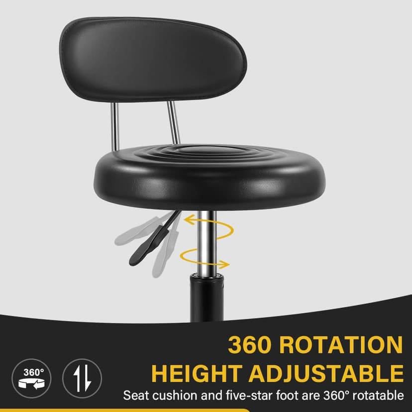 WKWKER Rolling Stool with Wheels Swivel Stool with Back Height Adjustable Chair PU Leather Rolling Chair Ideal for SPA Salon Home Office Drafting Work (Black)