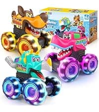 JOYIN 3 Pack Monster Truck Toy - Motion Activated Light Up Cars for Toddlers - Monster Glow Rover LED Wheels - Baby Boy Toys - Press and Go Dinosaur Trucks for Kids Boys Birthday Gifts for Christmas