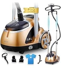 True & Tidy® Heavy-Duty Commercial Industrial Standing Garment Steamer for Clothes, 1800 watts, XL 3L water tank 90+ mins of Steam 3 Steam Settings, Step On/Off Control, Wheels for Easy Movement