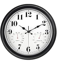 45MinST 13-Inch Vintage Outdoor Wall Clock with Thermometer and Hygrometer, Waterproof, Large Numbers, Silent, for Indoor and Outside Use,Porch,Garden,Pool(Black Frame with Silver Trim)