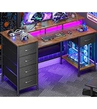 Korfile 59 inch L Shaped Computer Desk with Power Outlets, Home Office Desk with 4 Adjustable Storage Drawers & 2 Monitor Stands, Two Person Gaming Table for Bedroom, Black