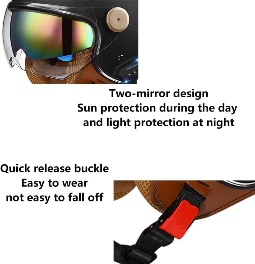 Retro 3/4 Bluetooth Motorcycle Open Face Half Helmet Microphone Dual Speakers and Double Visor Vintage Half Face Motorbike Bluetooth Helmet DOT Approved for Adults Men and Women
