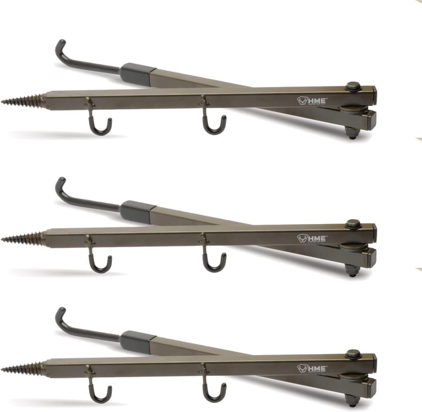 HME Durable Secure Convenient Portable Folding Tree Stand Bow Hanger w/Two Accessory Hooks - Extends to 20", Folds to 10", 3 Pack