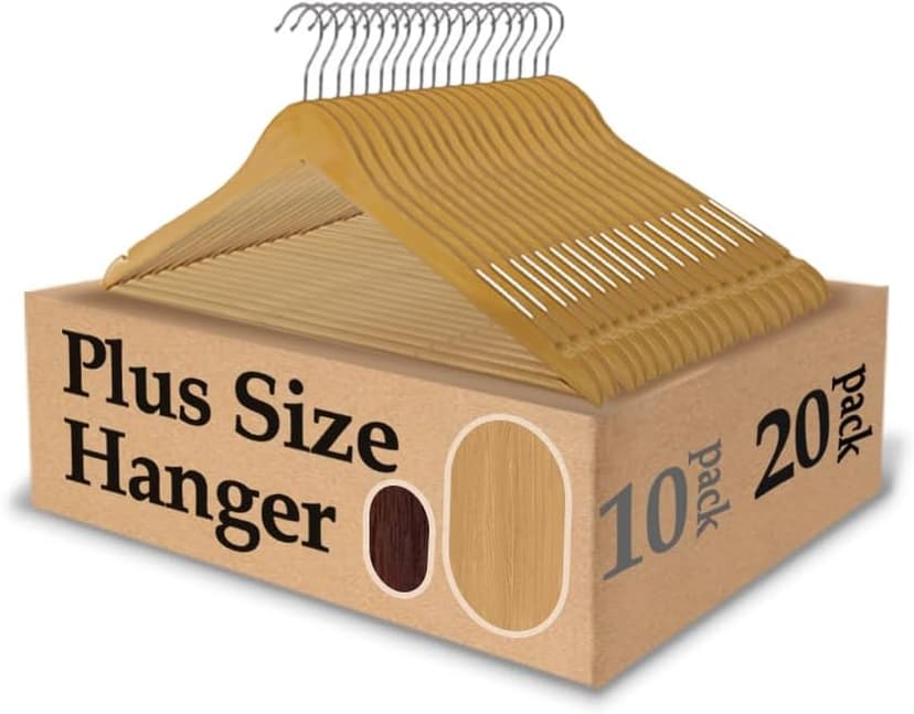 King Mills 19 Inch Plus Size Hangers, Extra Wide Hangers for Plus Size Clothes, Ganchos para Colgar Ropa, Ideal for XL, XXL Shirts, Coats, Dresses, Etc. Wood. Natural 20pk