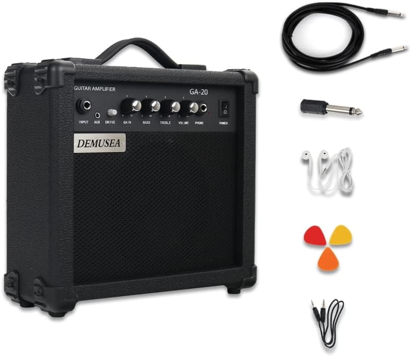 Demusea Electric Guitar Amplifier 20w Guitar Amp Practice Small Portable Travel Mini with Headphone Jack Aux Distortion Gain Treble Bass Volume Jack with 3 Meters Cable Audio Adapter Guitar Picks