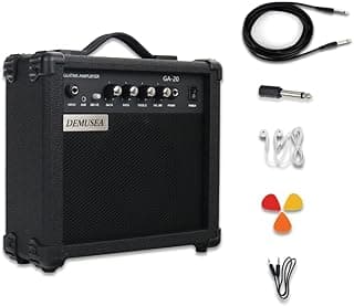 Demusea Electric Guitar Amplifier 20w Guitar Amp Practice Small Portable Travel Mini with Headphone Jack Aux Distortion Gain Treble Bass Volume Jack with 3 Meters Cable Audio Adapter Guitar Picks