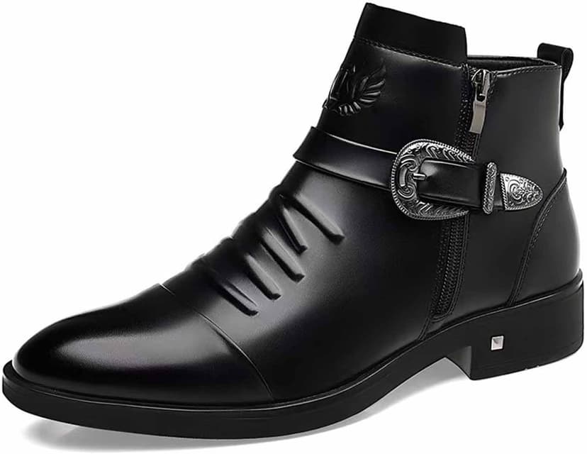 DONRRNDK Men's Leather Embossed Pattern Ankle Boots with Buckle Strap Retro Round Toe Side Zipper Non Slip Block Low Heel Dress Booties for Formal Casual Wear Short Boots
