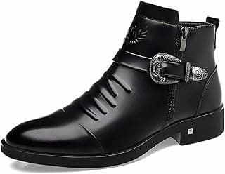 DONRRNDK Men's Leather Embossed Pattern Ankle Boots with Buckle Strap Retro Round Toe Side Zipper Non Slip Block Low Heel Dress Booties for Formal Casual Wear Short Boots