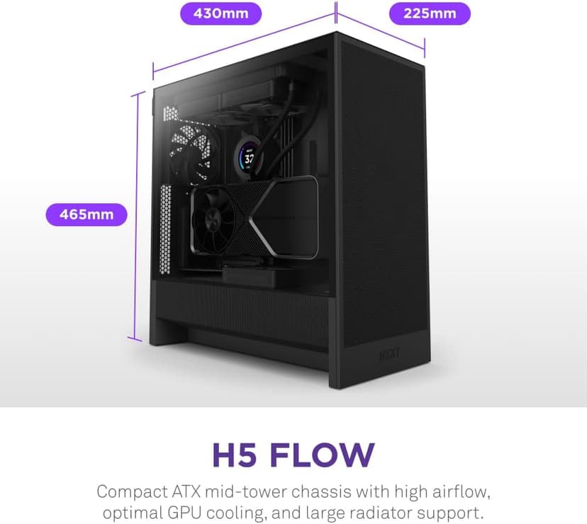 NZXT H5 Flow 2024 - Compact ATX Mid-Tower PC Gaming Case - High Airflow - 2 x 120mm Fans Included - 360mm Front & 240mm Top Radiator Support - Cable Management System - Tempered Glass - Black