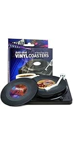 Funny Retro Record Coasters for Drinks with Vinyl Player Holder for Music Lovers,Set of 6 Conversation Piece Sayings Drink Coaster,Housewarming Hostess Wedding Registry Gift Ideas