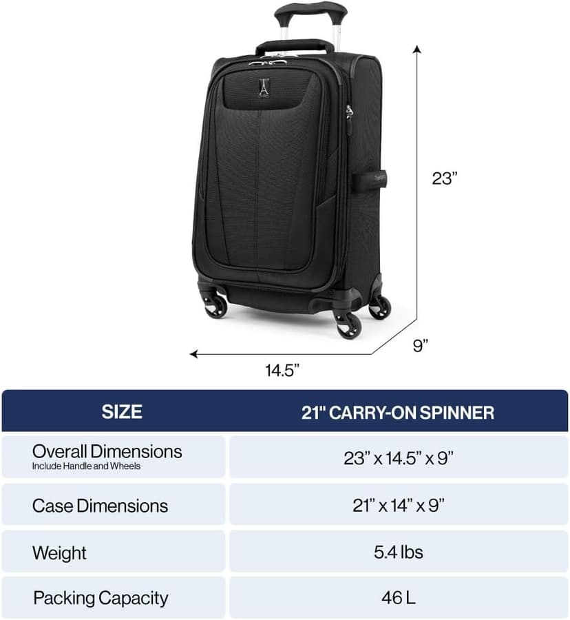 Travelpro Maxlite 5 Softside Expandable Luggage with 4 Spinner Wheels, Lightweight Suitcase, Men and Women, International, Black, Carry-on 21-Inch