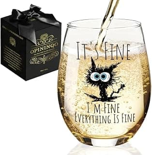 Cat Mom Gift for Women, Funny Cat Birthday Gifts for Friends, Coworkers, Daughter, Sister, Aunt, Wife, Best Friends, BFF Funny Cat Lover It's Fine I'm Fine Everything Wine Glass Gift for Men Women B0FTYZ5MCV
