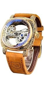 FORSINING Watches for Man, Square Retro Mechanical Watch Self-Wind Carved, Skeleton Automatic Watches Vintage Leather Strap Wristwatch