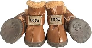 Winter Dog Boots & Paw Protectors: Outdoor Anti-Slip Dog Snow Shoes, Dog Booties Provide Warmth to Dogs Paws from Ice and Snow, Rubber Sole PU Leather Faux Fleece-Lined, Light Brown Dog Shoes Size 8