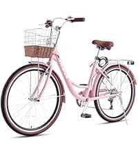 VIRIBUS Womens Cruiser Bike, 7 Speed Beach Cruiser Bike for Women, 26 inch Women Bicycle with Rattan Basket, City Commuter Vintage Retro Step Through Bicycle for Female Ladies Seniors, 330 Lb.