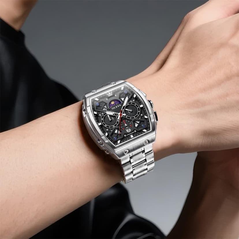 OLEVS Watches for Men Analog Quartz Luxury Diamond Waterproof Chronograph Stainless Steel Big Face Square Date Moon Phase Roman Numeral Dress Watch for Men