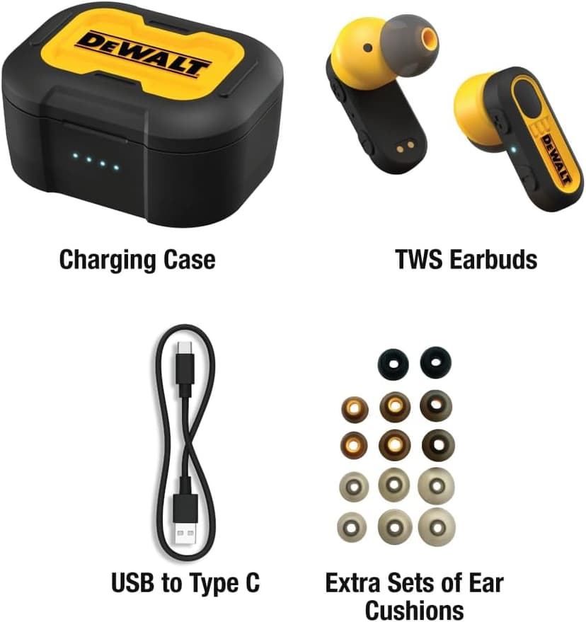 DEWALT Heavy Duty True Wireless Ear Buds, Bluetooth Headphones with Type C Charging Case Included, Over 37 Hours of Battery Life, Easy Setup for iPhone, Perfect for Jobsite, Outdoor Work, Yellow