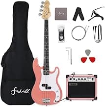 Fojill Full Size 4 Four String Electric Bass Guitar 20W Amplifier Amp Right Hand Beginner Starter Kit Set Combo Bundle Accessory Gig Bag,Strap,Picks,Capo,Noiselss Cable,Strings (Pink)