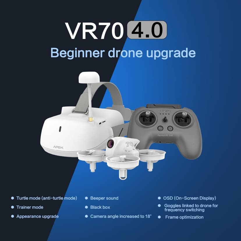 APEXFPV FPV Drone Kit,FPV Goggles Beginners Drone,Indoor&Outdoor drone,Trainer Mode,Turtle Mode,Black Box,Anti-loss Beeper,Optical Flow Fixed Point,Drop-resistant,Have Video Tutorials.VR70-4.0
