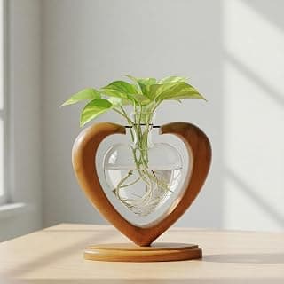 Rooting Vase for Cuttings, Plant Terrarium, Air Plant Holder, Plant Lovers Mom Wife Gift Home Office Christmas Tabletop Decor Plant Propagation Station, Heart Glass Vase, Solid Wooden Stand B0GL1XT2S7