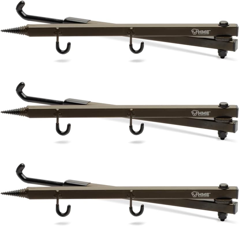 HME Durable Secure Convenient Portable Folding Tree Stand Bow Hanger w/Two Accessory Hooks - Extends to 20", Folds to 10", 3 Pack