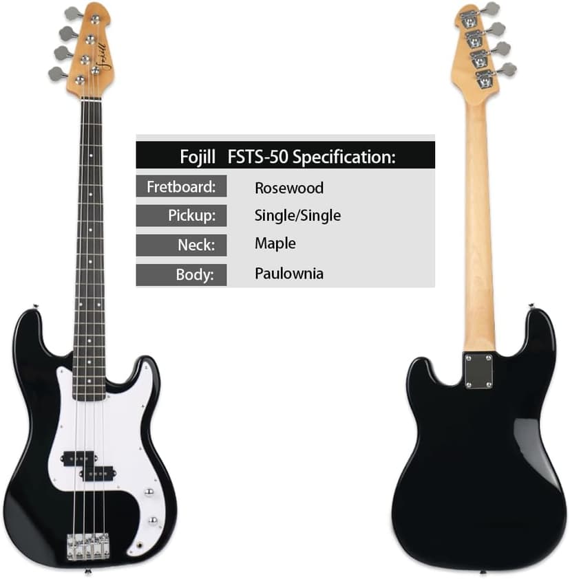 Fojill Full Size 4 Four String Electric Bass Guitar 20W Amplifier Amp Right Hand Beginner Starter Kit Set Combo Bundle Accessory Gig Bag,Strap,Picks,Capo,Noiselss Cable,Strings (Black)