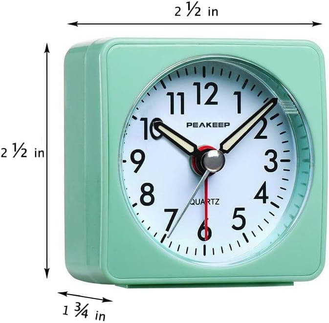 Peakeep Ultra Small, Battery Travel Alarm Clock with Snooze and Light, Silent with No Ticking Analog Quartz (Aquamarine)